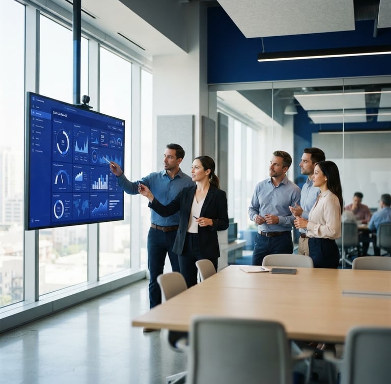 Wide shot of a modern, sleek training room with professionals collaborating around a data dashboard on a large screen, crisp natural office light, deep royal blue and clean white tones, shallow depth of field, 35mm.